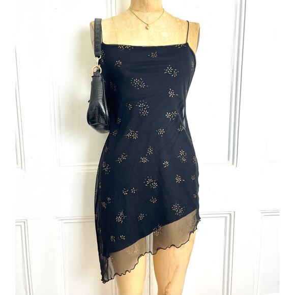 Vintage Party asymmetrical dress with golden floral details, tie straps, sheer - Picture 1 of 8